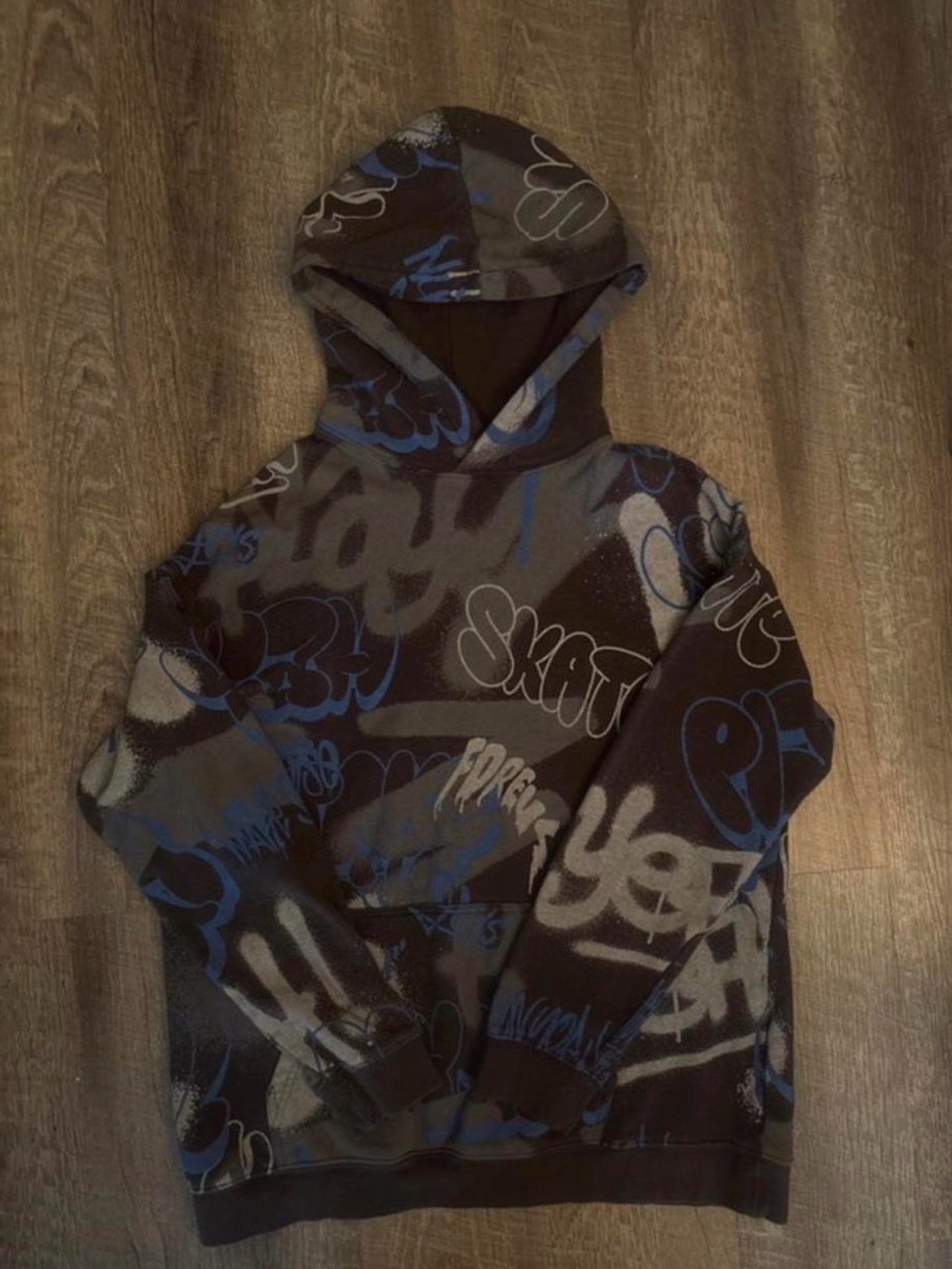 H&M Black Hoodie with Blue & Gray Graffiti Print